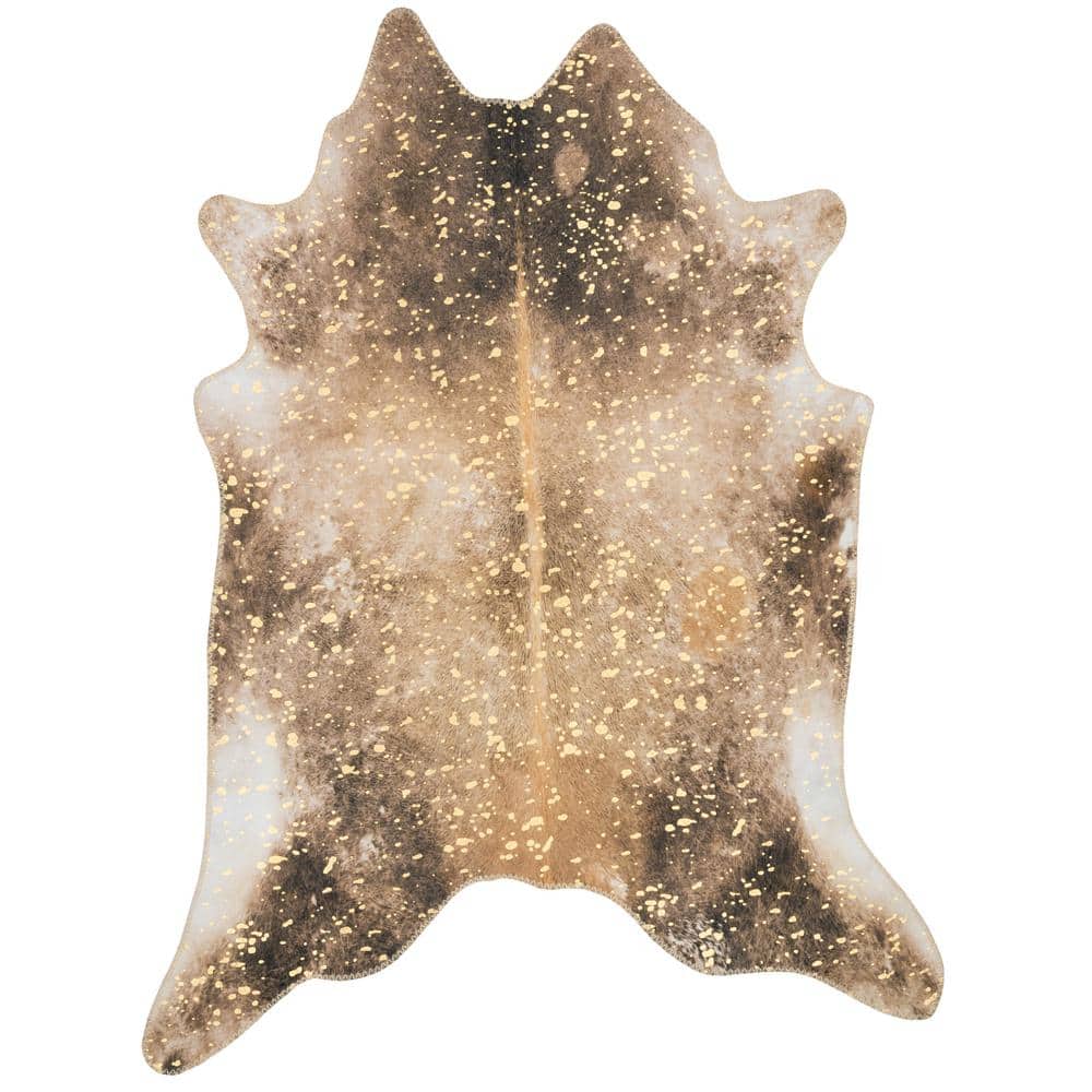 Mocha Sand Chic Cowhide-Inspired Polyester 3'10" x 5' Rug with Metallic Accents