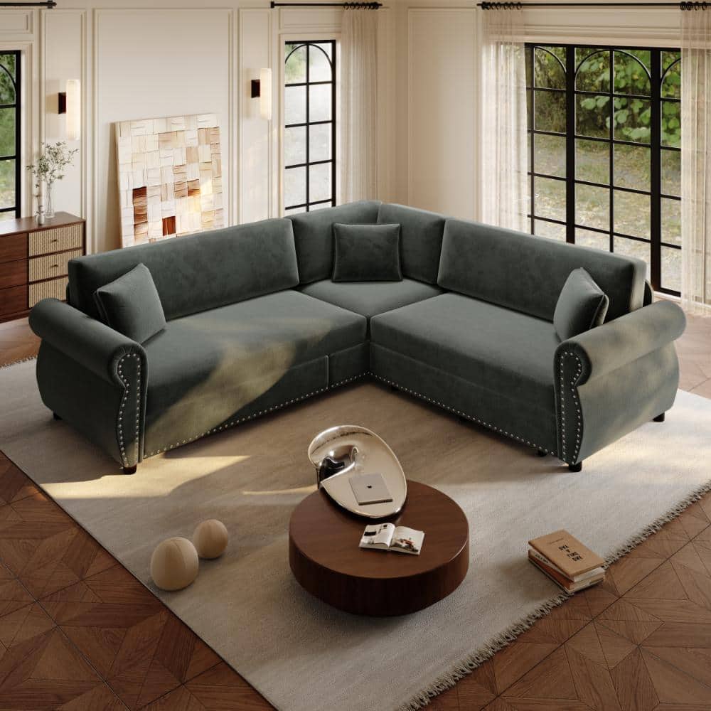 Dark Gray 88.2 in. Convertible Rolled Arm Chenille L-Shaped Sofa with Pull-Out Bed and Nailhead Trim