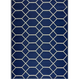 Miami Navy Creme 8 ft. x 10 ft. Reversible Recycled Plastic Indoor/Outdoor Area Rug