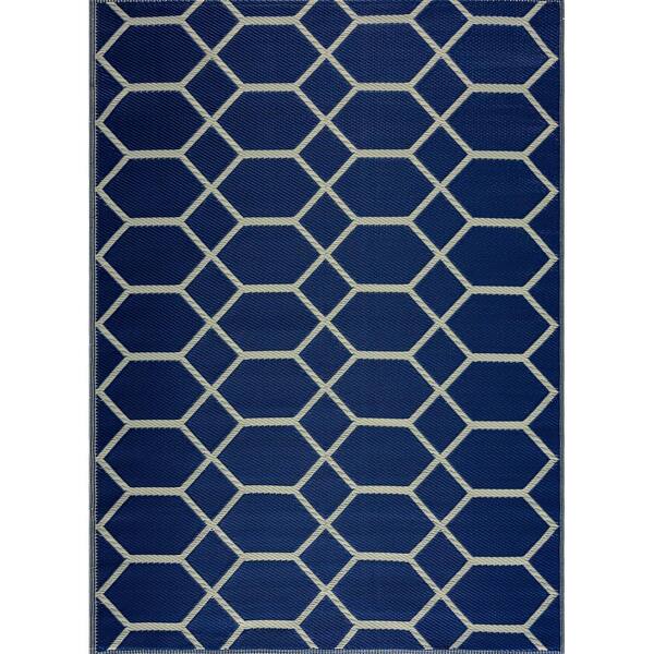 Unbranded Miami Navy Creme 8 ft. x 10 ft. Reversible Recycled Plastic Indoor/Outdoor Area Rug