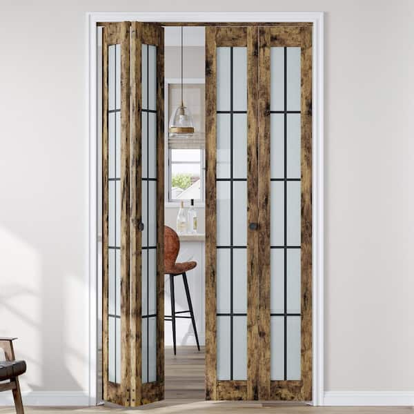 48 in. x 80 in. Full Lite Frosted Glass Brown Finished Solid MDF Bi-Fold Door with Hardware Kit