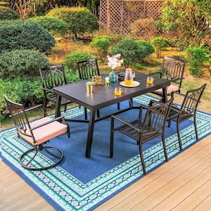 Black 7-Piece Metal Patio Outdoor Dining Set with Slat Extendable Table and Fashion Chairs with Beige Cushion