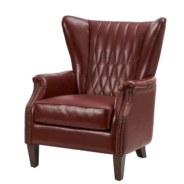 JAYDEN CREATION Valerius Burgundy Genuine Leather Armchair with Nail head Trims and Solid Wood Legs