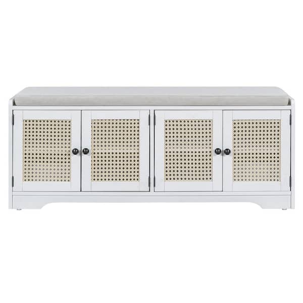 19.7 in. H x 47.4 in. W White Wood Shoe Storage Bench with Adjustable Shelves and Removable Cushion