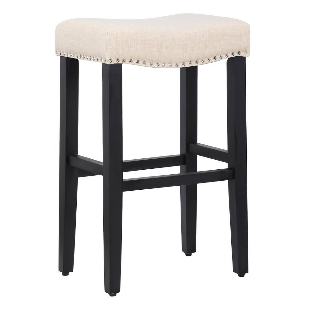 Antique White Beige Wood 29" Backless Saddle Counter Stool