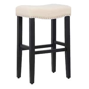 Jameson 29 in. Bar Height Black Wood Backless Nailhead Trim Barstool with Upholstered Beige Linen Saddle Seat Stool