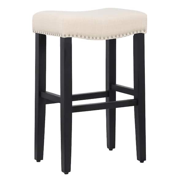 WESTINFURNITURE Jameson 29 in. Bar Height Black Wood Backless Nailhead Trim Barstool with Upholstered Beige Linen Saddle Seat Stool