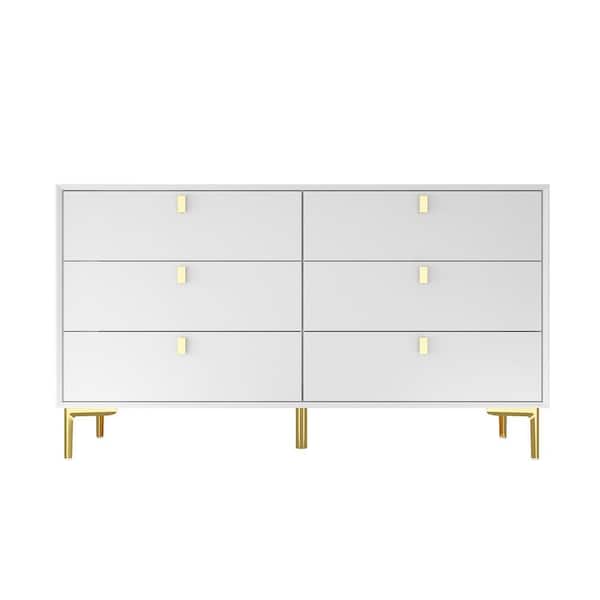 FUFU&GAGA White 6-Drawers 55.1 in. Width Classic Wooden Chest of Drawers, Dresser, Storage Cabinet with Golden Legs and Handles