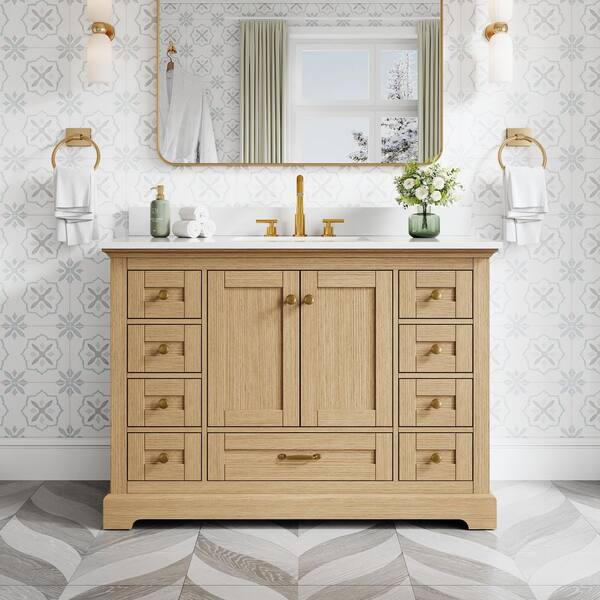 48 in. Freestanding Solid Wood Oak Bath Vanity with White Cultured Marble Top Assembled, Soft-close Door and Drawer