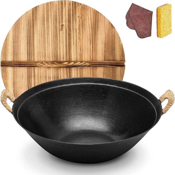 13.4 in. Cast Iron Wok Pan Uncoated Nonstick Surface Dual Handle Wooden Lid Even Heating Stir Fry Cooktop Safe