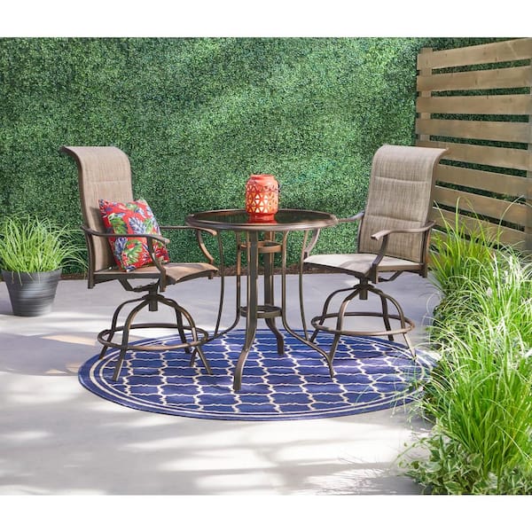Riverbrook Espresso Brown 3-Piece Outdoor Patio Steel Round Padded Sling Swivel Balcony Bistro Set