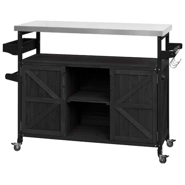 GQB Black Stainless Steel Top 50 in. Outdoor Kitchen Island with Door Storage Rack Solid Wood Rolling Bar Cart