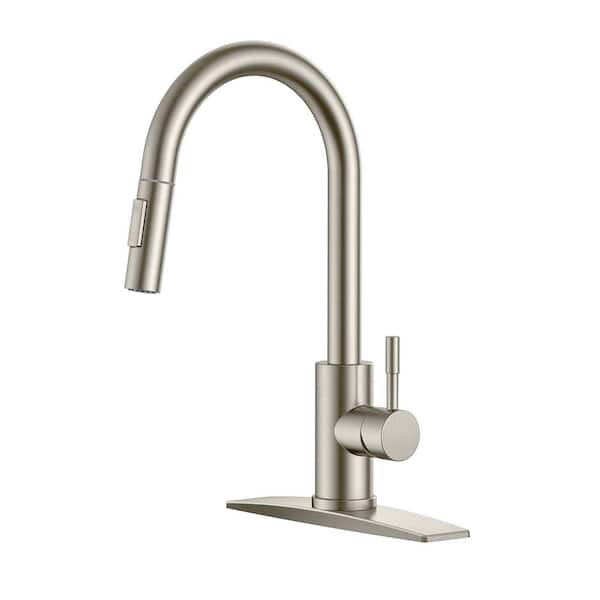 Single Handle Pull Down Sprayer Kitchen Faucet with 15.27 in. 360° Spout Swivel in Brushed Nickel