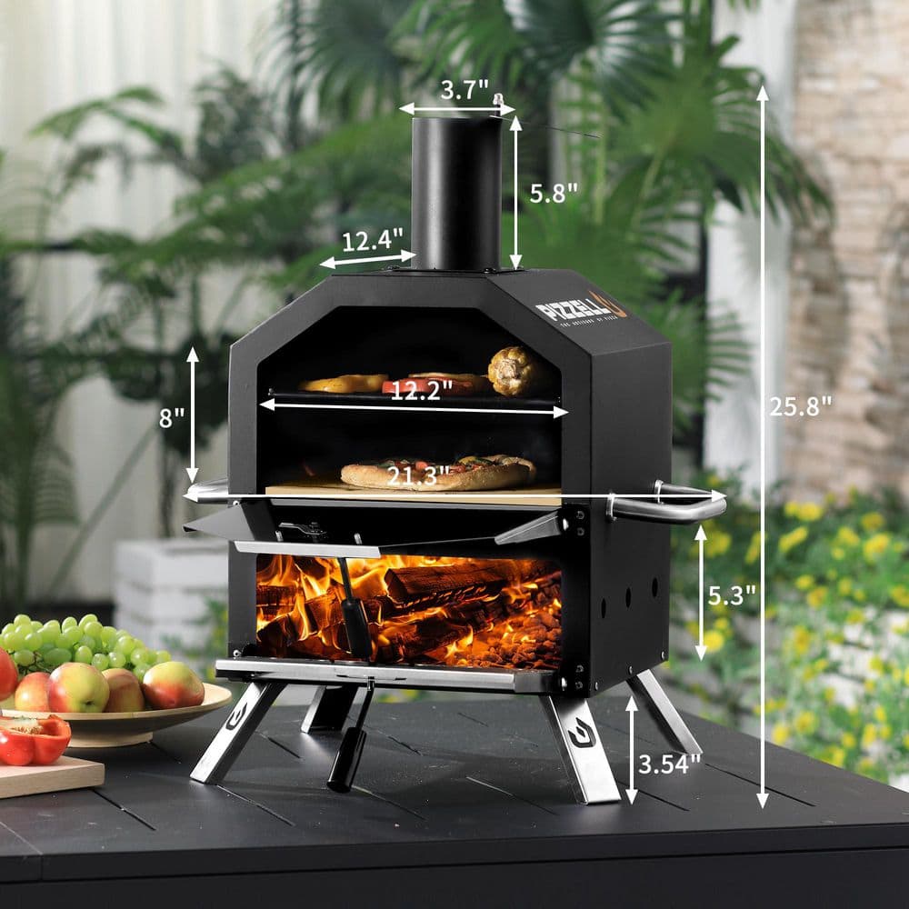 12 Inch Black Wood-Fired Outdoor Pizza Oven with Stone and Peel