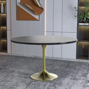 Verve Mid-Century Modern 48 in. Round Dining Table with Stone Top and Brushed Gold Pedestal Base (Black)