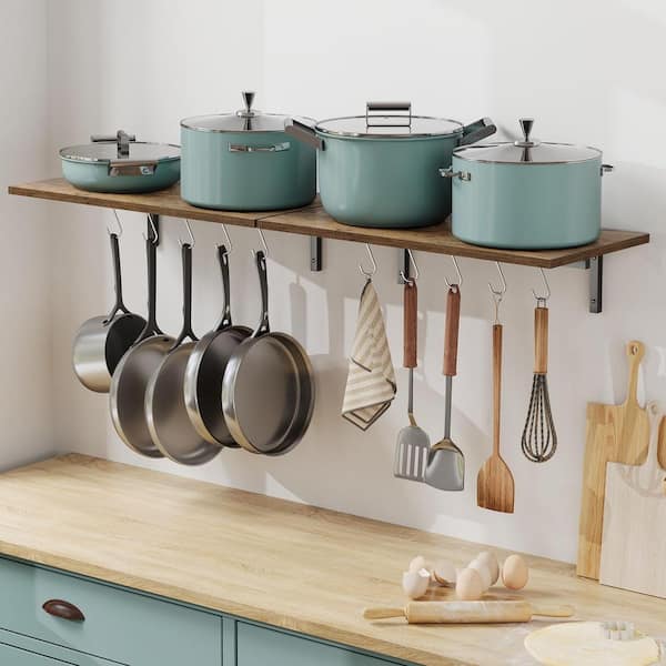 2-Pack 23.6 in. Brown Wooden Wall Mounted Pot Rack with 10 S Hooks, Large Pot Wall Holder Kitchen Shelves for Utensils
