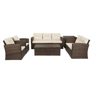 6-Piece Wicker Outdoor Patio Conversation Furniture Set with Cushions in Beige