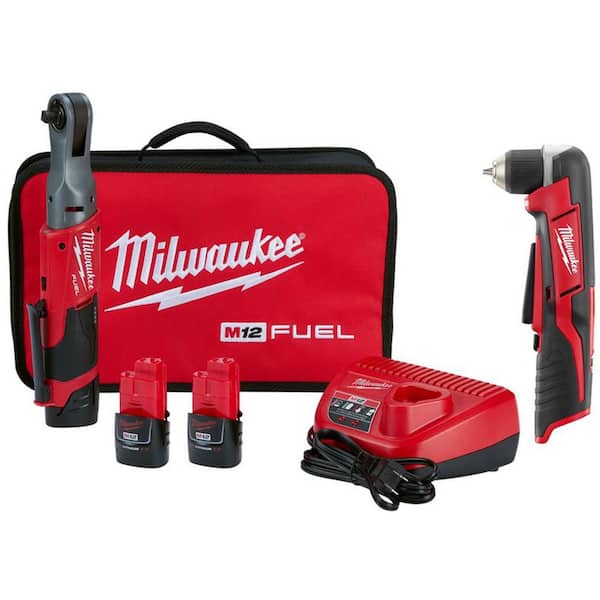 M12 FUEL 12V Lithium-Ion Brushless 3/8 in. Cordless Ratchet Kit w (2) 2. 0Ah Batteries, Charger, Bag & Right Angle Drill