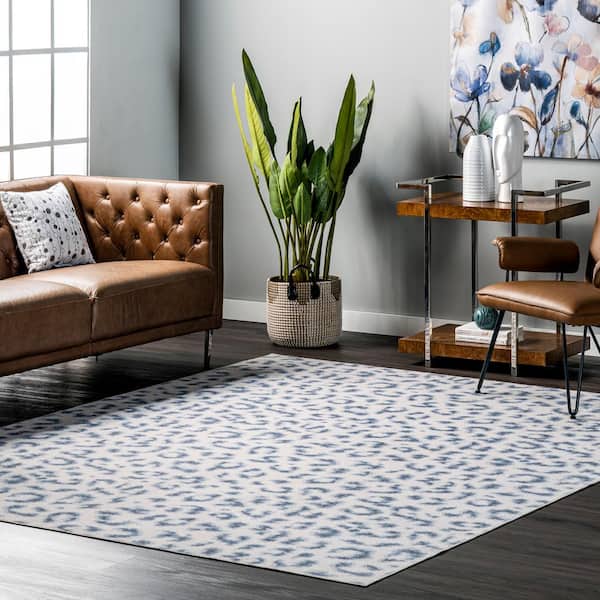 Leopard Spots Washable Blue 8 ft. x 8 ft. Indoor Round Area Rug