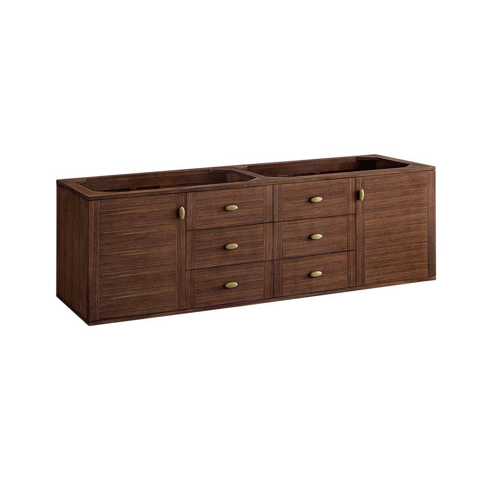 Amberly 72-Inch Walnut Double Vanity Base Cabinet with Brass Knobs