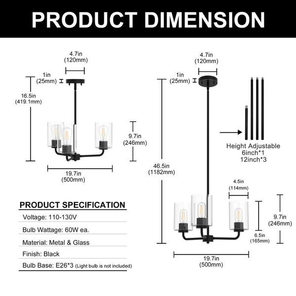 ▼hal YANSUN 3-Light Black Finish with Glass Empire Chandelier