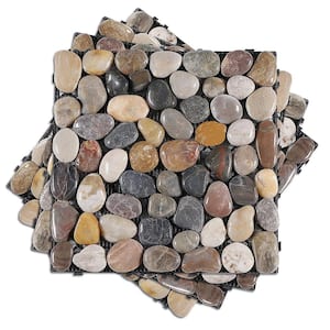 12 in. x 12 in. Multi Colored Polished Pebble Stone Interlocking Floor Deck Tiles Easy Install (Pack of 4)