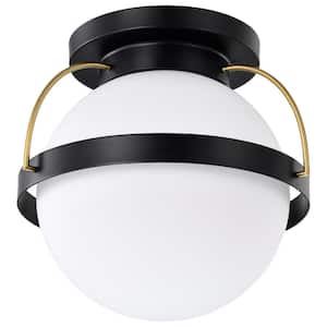 Lakeshore 13 in. 1-Light Matte Black Transitional Flush Mount with White Opal Glass Shade and No Bulbs Included