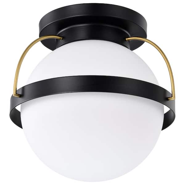 SATCO Lakeshore 13 in. 1-Light Matte Black Transitional Flush Mount with White Opal Glass Shade and No Bulbs Included