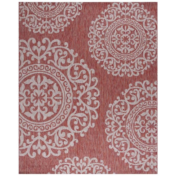 Courtyard Red/Gray 8 ft. x 10 ft. Floral Circle Indoor/Outdoor Area Rug