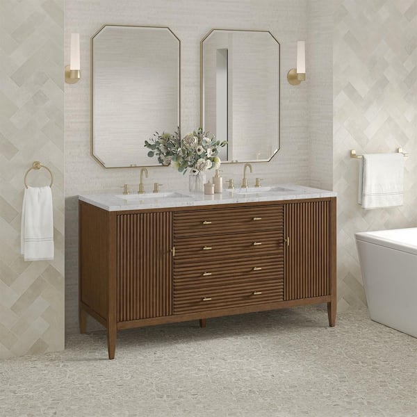 James Martin Vanities Mirin 60 in. W x 23.5 in. D x 34.06 in. H Double Bath Vanity in Mid-Century Walnut Eternal Jasmine Pearl Qt. Top