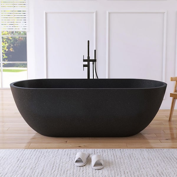 69 in. x 30 in. Terrazzo Stone Solid Surface Flatbottom Freestanding Soaking Bathtub in Black(Outdoor-Compatible)