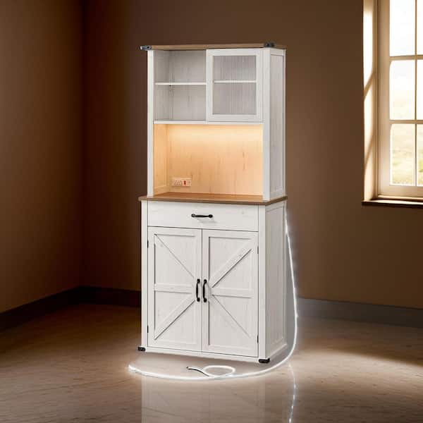Benjara 70.4 in. White and Black Storage Cabinet with 2 Shelves and Sliding Glass Cupboard