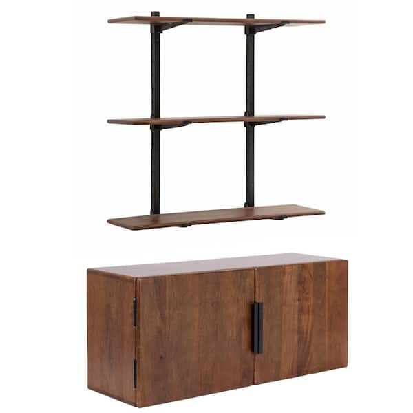 Atwood 32 in. W x 10 in. D Black/Walnut Brown Wood Decorative Wall Shelf Cabinet