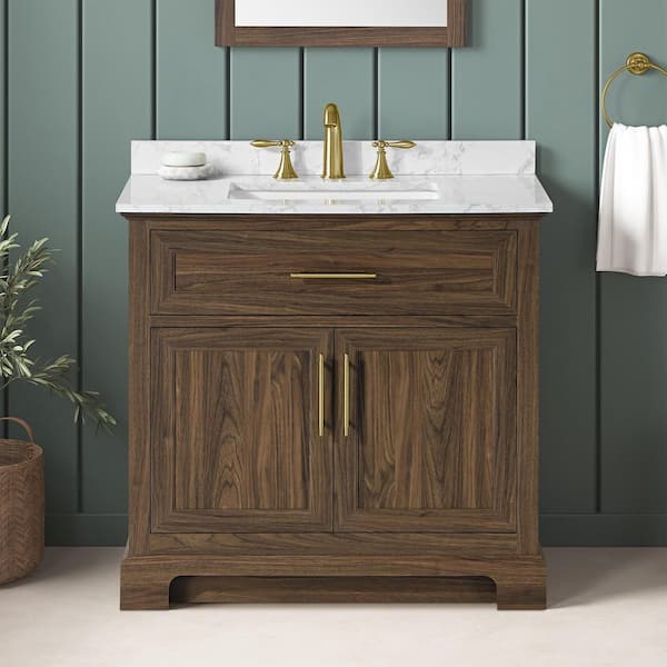 Doveton 36 in. Single Sink Dark Walnut Bath Vanity with White Engineered Marble Top (Assembled)