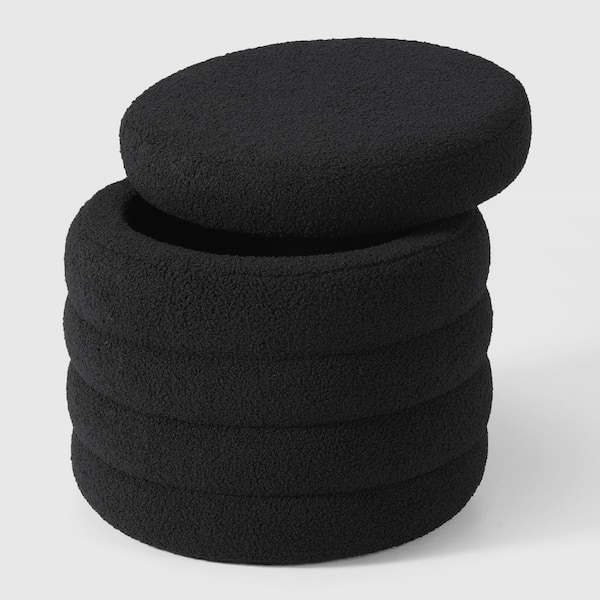 Bayville Modern 16" Tall Sherpa Fabric Tufted Round Storage Ottoman in Black