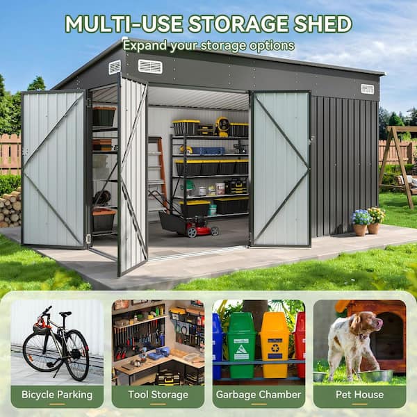 Sizzim 12 ft. W x 7.3 ft. D Black Metal Storage Shed With 3