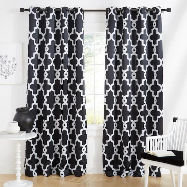 EXCLUSIVE HOME Ironwork Black Ogee Room Darkening 52 in. x 96 in. Grommet Top Curtain Panel (Set of 2)