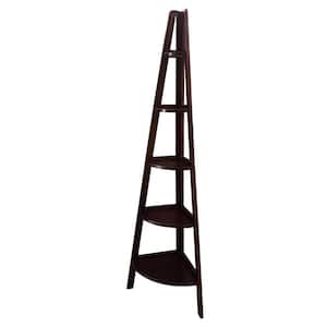 72 in. Espresso New Wood 5-Shelf Ladder Bookcase with Open Back