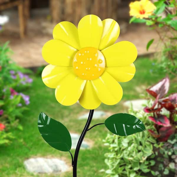 Exhart 9 in. W Kinetic Daisy 2.17 ft. Yellow Metal Garden Stake