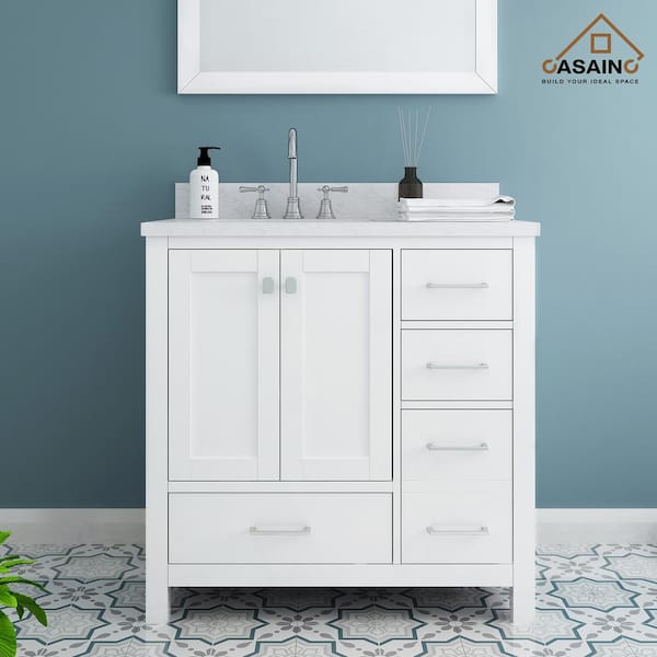 CASAINC 36 in. W x 22 in. D x 35.4 in. H Single Sink Solid Wood Bath Vanity in White with Carrara White Marble Top and Basin