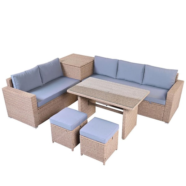 Zeus & Ruta Brown 6-Piece Wicker Outdoor Sectional Set with Blue Cushions and Glass Table