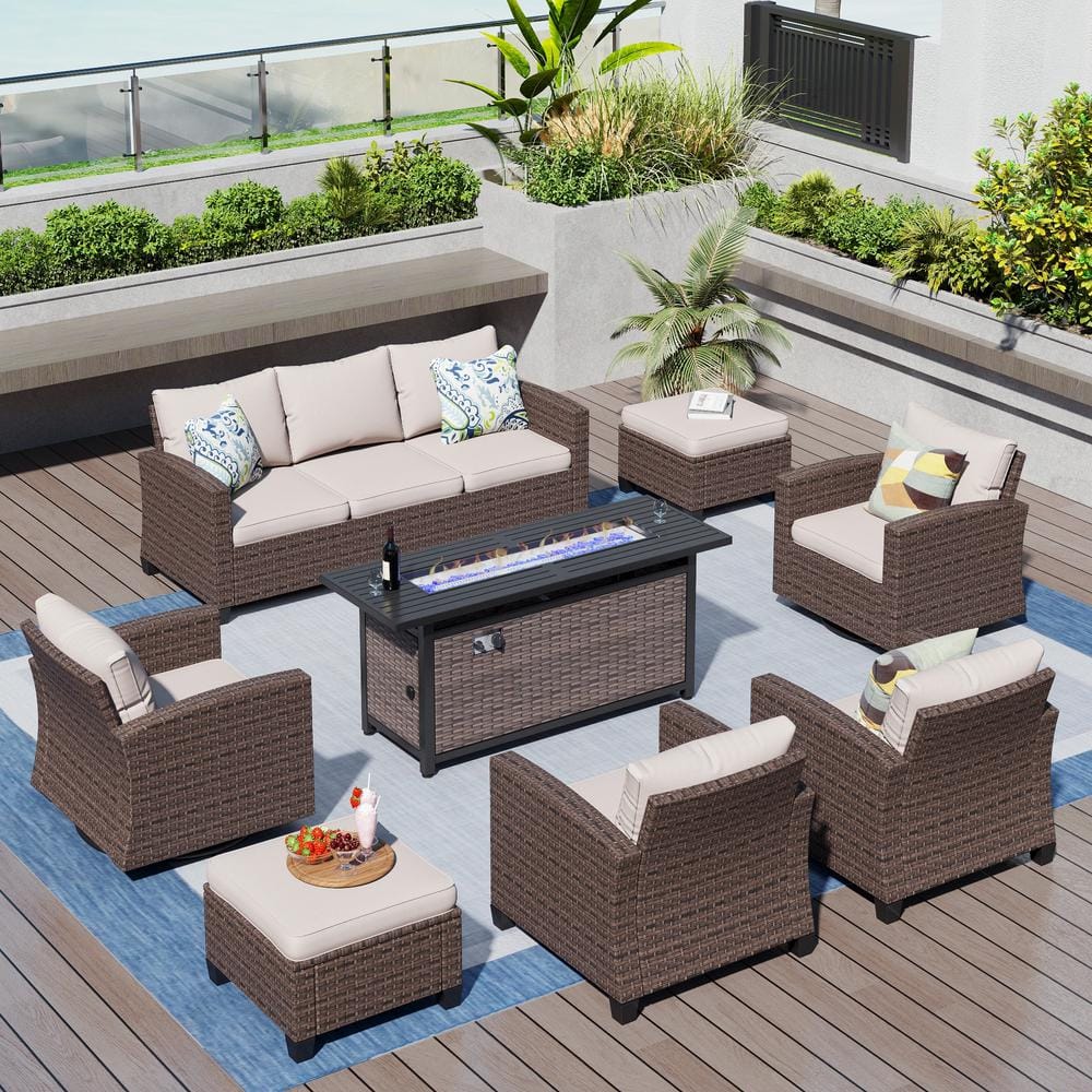 PHI VILLA Brown Rattan 9-Seat 8-Piece Steel Outdoor Fire Pit