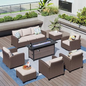 Brown Rattan 9-Seat 8-Piece Steel Outdoor Fire Pit Patio Set with Beige Cushions,Swivel Chair,Rectangular Fire Pit Table