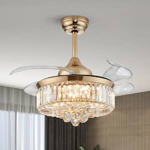 Modern 36 in. Indoor Retractable Blades Ceiling Fan with Dimmable LED Light Gold Crystal Ceiling Fan with Remote Control