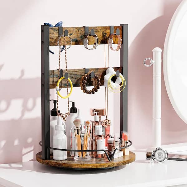 Black Wood Coffee Mug Tree Holder with 12 Hooks, 2-Tier Design and 360° Rotating Storage Base