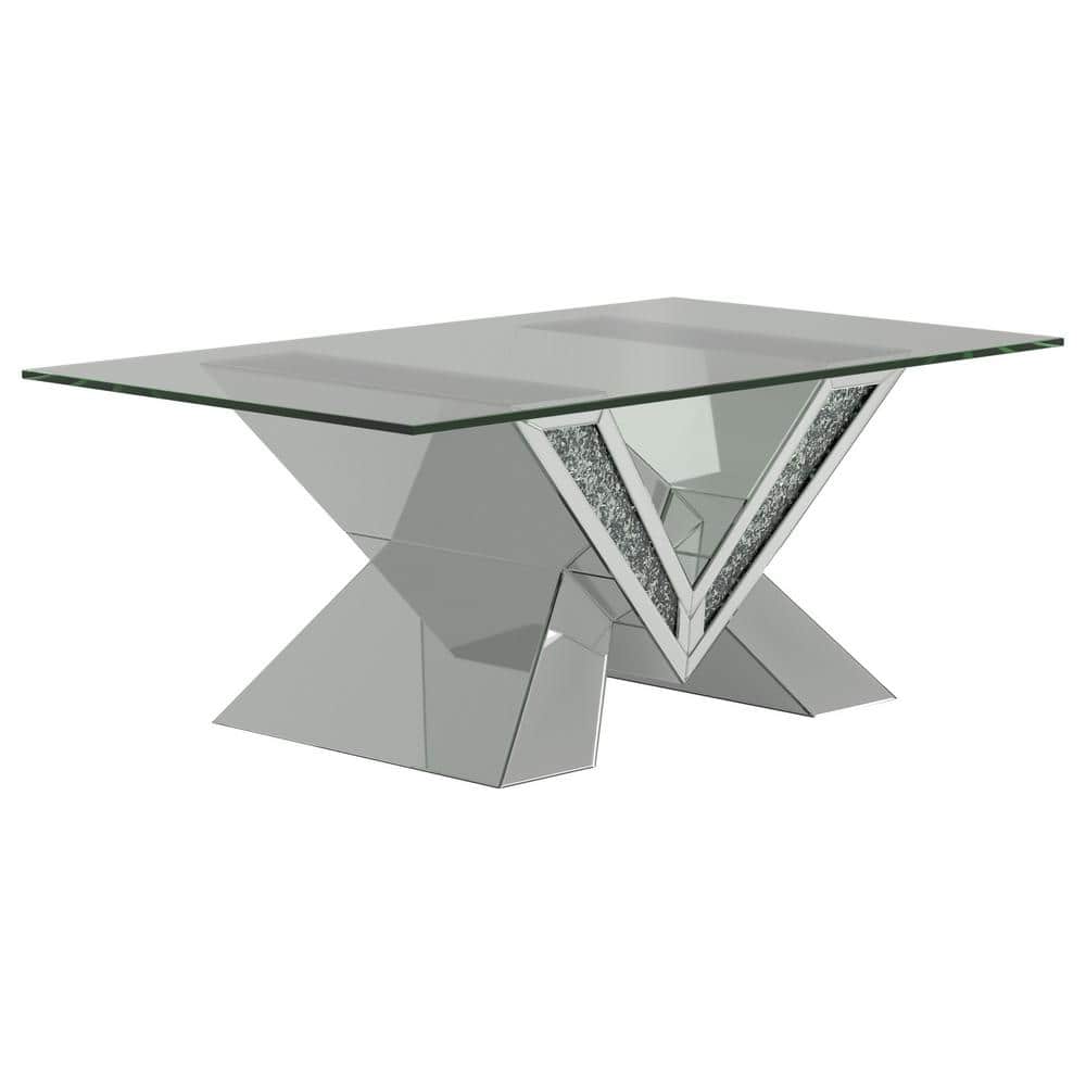 Silver Rectangular Glass Top Coffee Table with V-Shaped Base