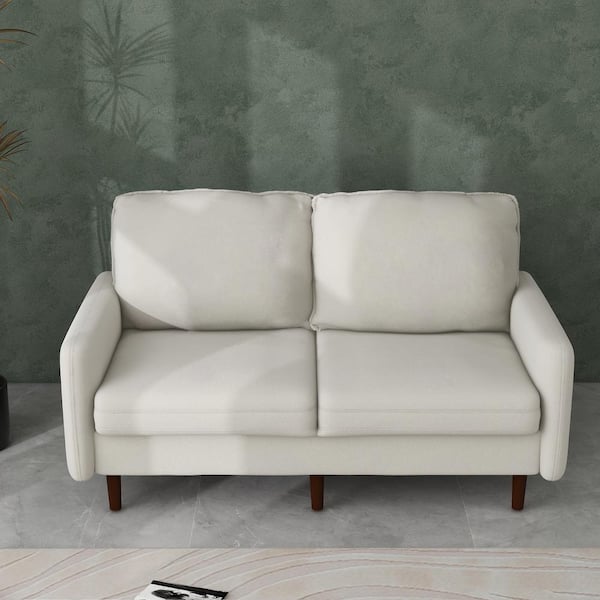 Uixe 56.90 in. White Velvet Upholstered 2-Seater Loveseat Sofa with Wood Legs