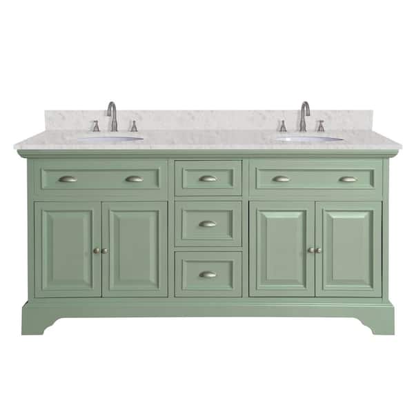 Sadie 67 in. Double Sink Light Cyan Bath Vanity with Lightly Veined White Marble Top (Assembled)