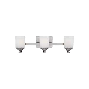 Kemal 24 in. 3-Light Brushed Nickel Traditional Wall Bathroom Vanity Light with Etched White Glass Shades and LED Bulbs