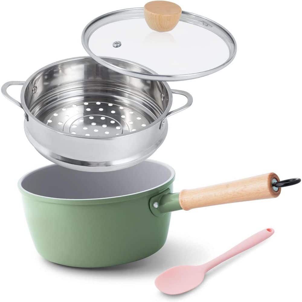 2 qt. Ceramic Nonstick Sauce Pan in Green with Lid and Steamer PTFE PFAS-Free Wooden Handle for All Stovetops price history on PriceWatchPro